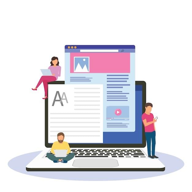 Blogging, blogger. lanza libre. escritura creativa. copia escritor. gestión de contenido. ilustración plana de dibujos animados en miniatura Vector Premium 